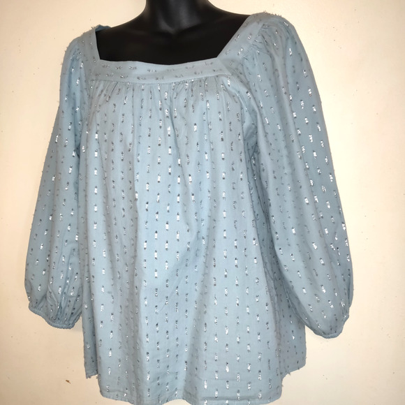 Lauren Conrad Pastel Blue Smock Top Sz L Silver Embellished Square Neck Boho - Picture 5 of 16